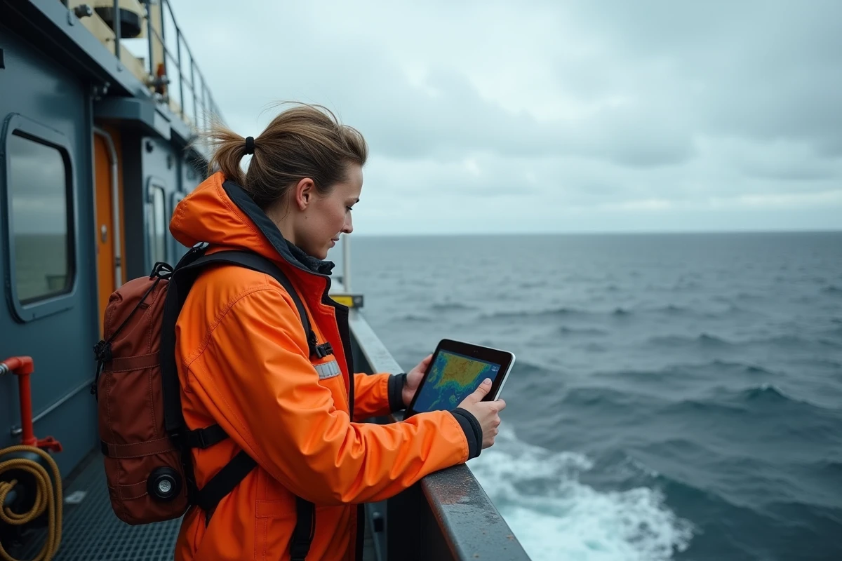 Scientifique océanographe sur le pont d'un navire de recherche observant l'océan Pacifique au-dessus de la fosse Challenger