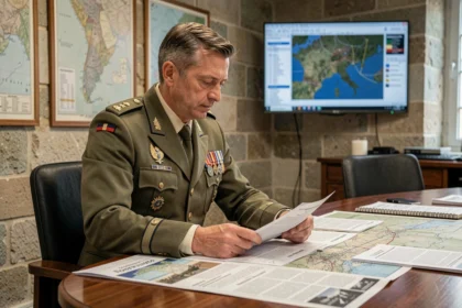 Officier militaire français en uniforme étudiant des rapports opérationnels dans une salle de commandement