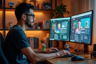 Jeune homme passionné de geek culture optimisant son profil sur une plateforme communautaire geekfinity depuis son bureau à domicile