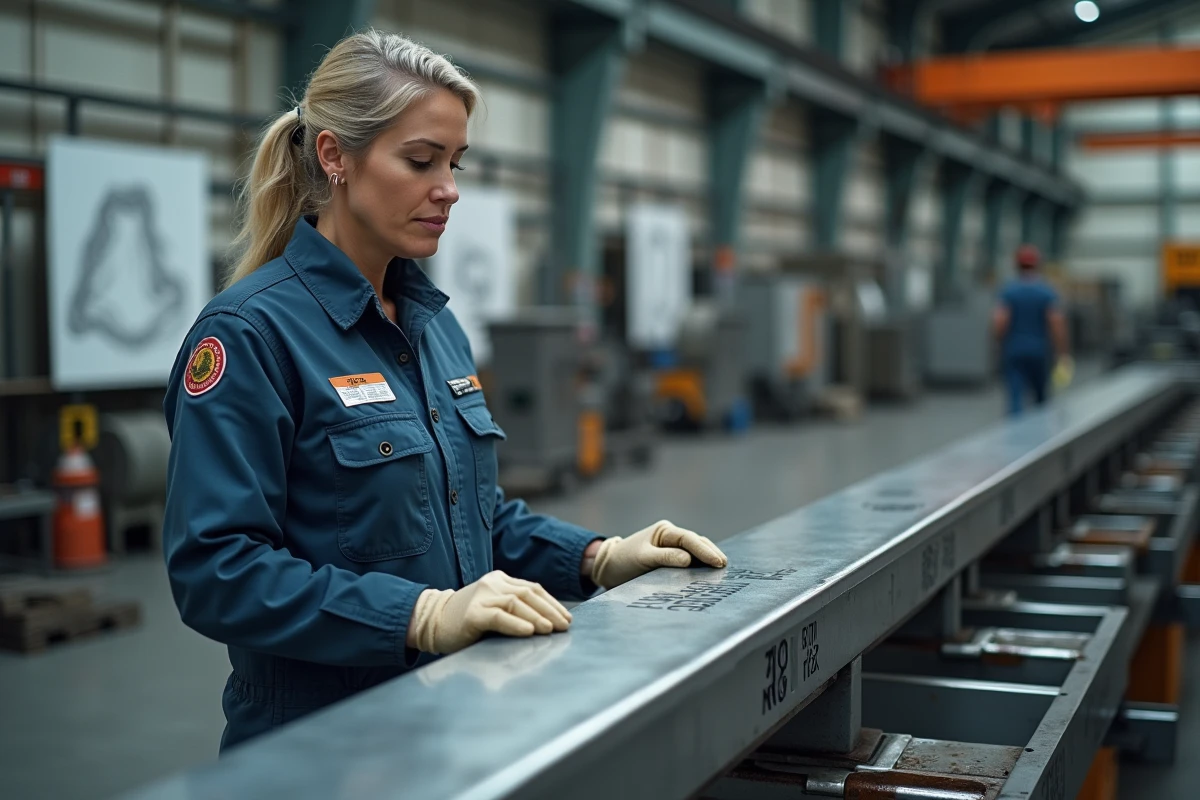 Femme industrielle vérifiant une poutre en atelier