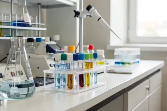 Paillasse de laboratoire d'analyse génétique avec tubes d'échantillons