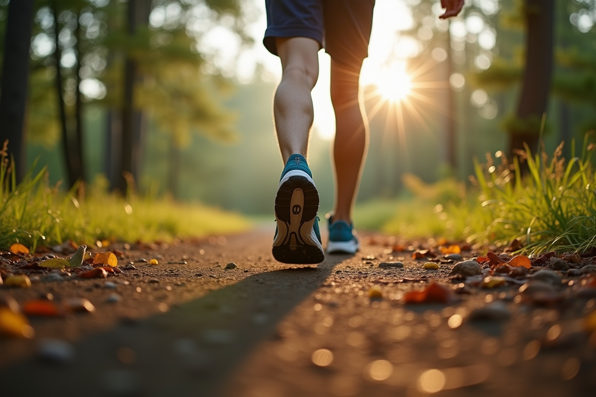 Pas de chaussures de sport sur un sentier forestier au matin