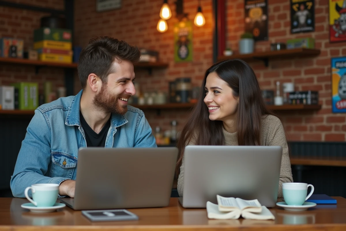 Deux passionnés de geek culture comparant leurs profils geekfinity sur des ordinateurs portables dans un café à thème jeux de société