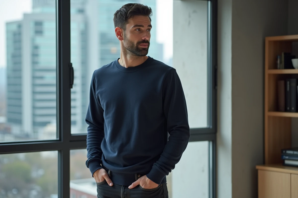 Homme tenant un smartphone dans un appartement urbain moderne, évoquant la vie privée d'une personnalité publique en 2026