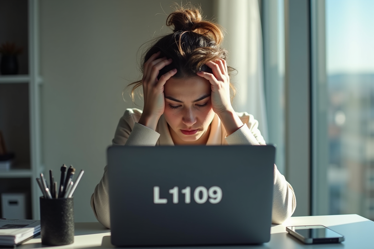 Personne frustrée au bureau avec erreur L1109 sur laptop