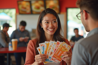 Personne souriante avec vouchers de vacances au fastfood