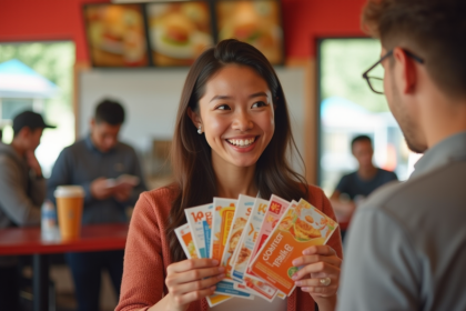 Personne souriante avec vouchers de vacances au fastfood