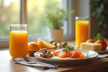 Petit déjeuner sain avec saumon et œufs près d'une fenêtre