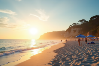 Plage française au lever du soleil avec parasols bleus et sable blanc