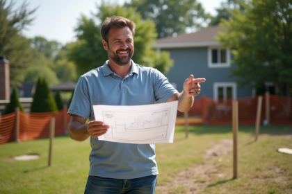 Homme souriant pointant vers le chantier de jardin