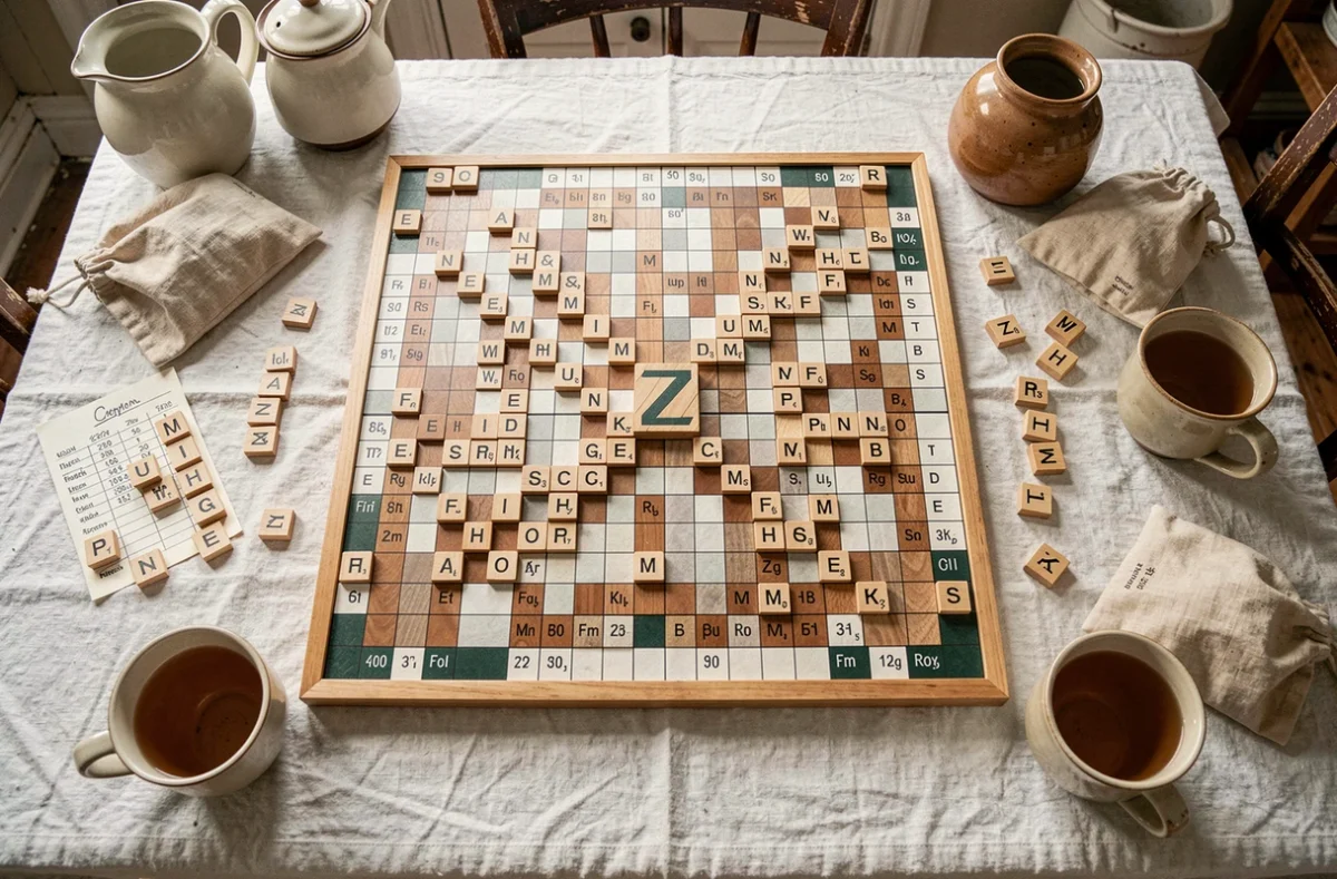 Vue aérienne d'un plateau de Scrabble complet avec la lettre Z au centre entourée de mots croisés