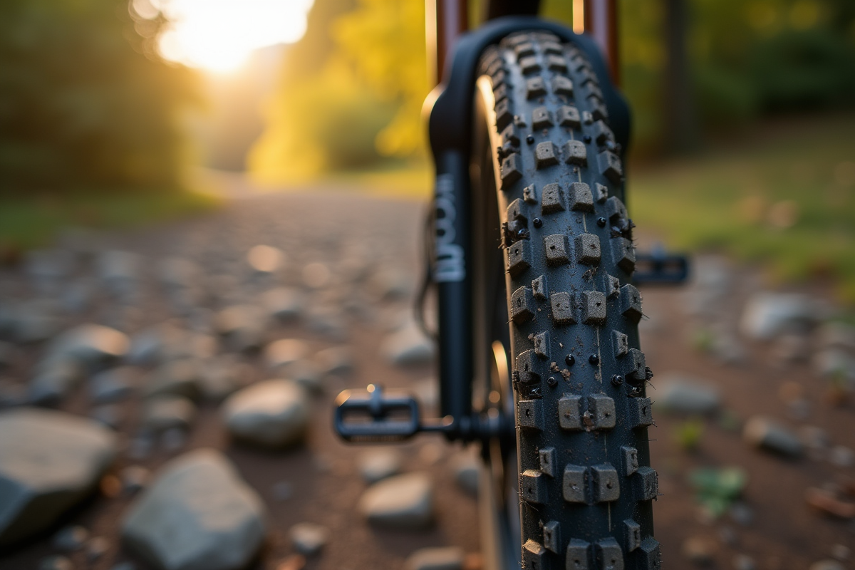 Gros plan sur un pneu de VTT sur sentier rocheux