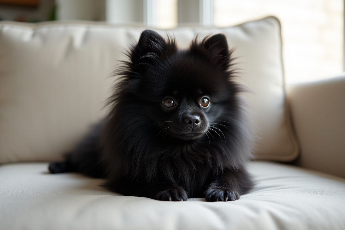 Pomeranian noir sur canapé blanc avec lumière naturelle