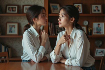 Jeune femme regardant dans un miroir dans un bureau cosy