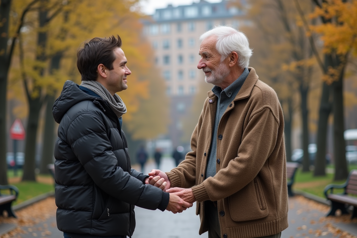 Pere et fils se tenant la main dans un parc en automne