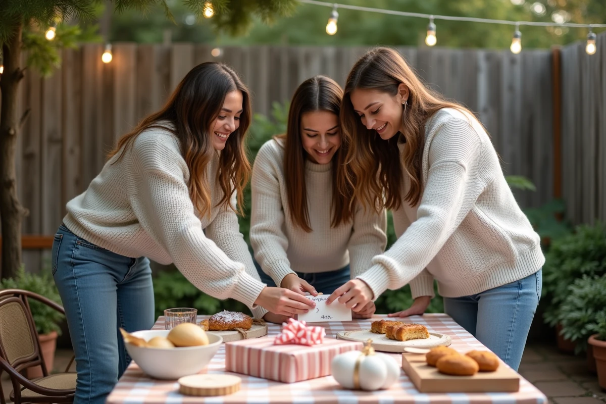 Trois personnes préparant des cadeaux et gourmandises dehors