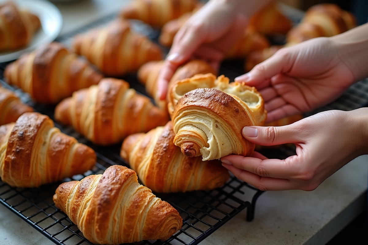 Main manipulant un croissant pour montrer la texture feuilletée