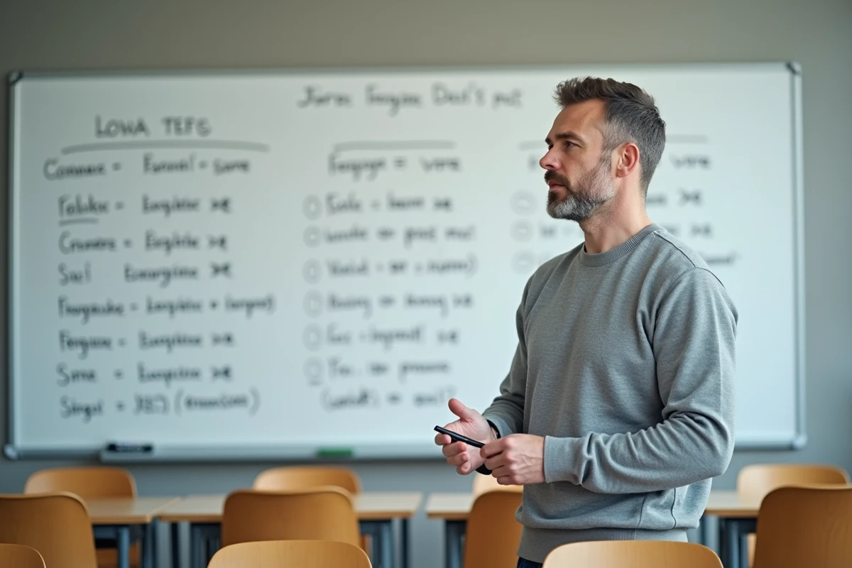 Professeur de français devant un tableau blanc avec des conjugaisons de verbes au passé, illustrant l'enseignement de la grammaire moderne