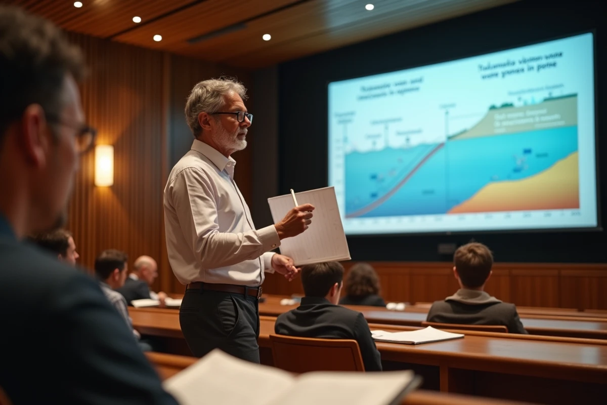 Professeur expliquant le mécanisme de génération d'un tsunami par subduction tectonique devant un schéma projeté dans un amphithéâtre universitaire