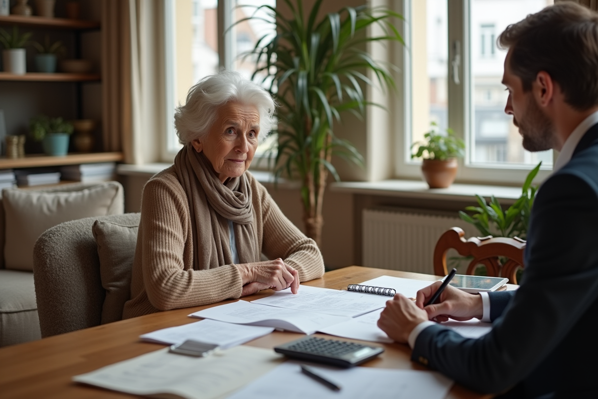 Propriétaire âgée examinant une facture avec un agent immobilier à la maison