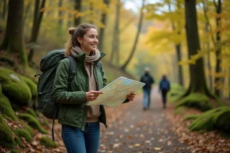 Jeune femme en randonnée avec carte dans la forêt près de Toulouse