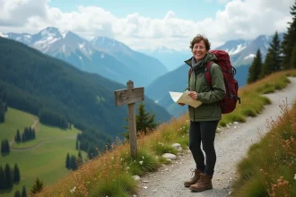 Femme randonneuse avec carte dans un paysage montagnard