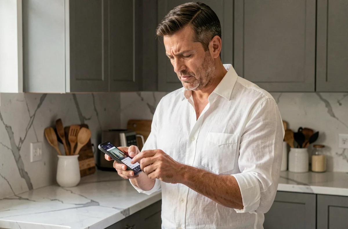 Homme cherchant la nouvelle adresse d'un site de streaming vidéo sur smartphone dans une cuisine moderne