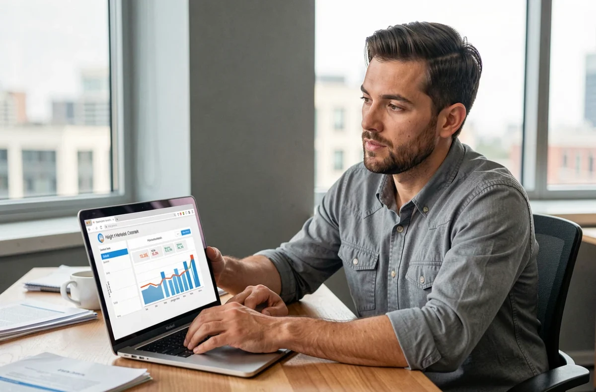 Homme consultant des statistiques de taille en centimètres sur un ordinateur portable dans un bureau moderne