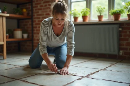 Femme rénovant un carrelage de cuisine avec spatule