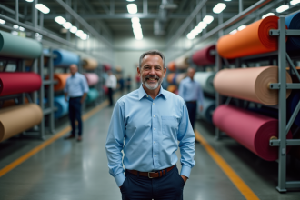 Manager textile devant rouleaux de tissus colorés en usine
