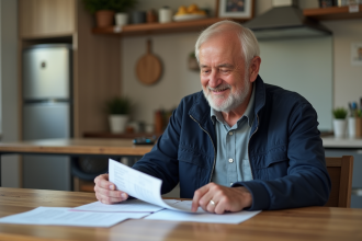 Homme retraité EDF souriant en lisant des documents