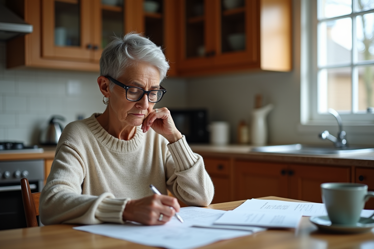Femme retraitée relisant des papiers à la cuisine