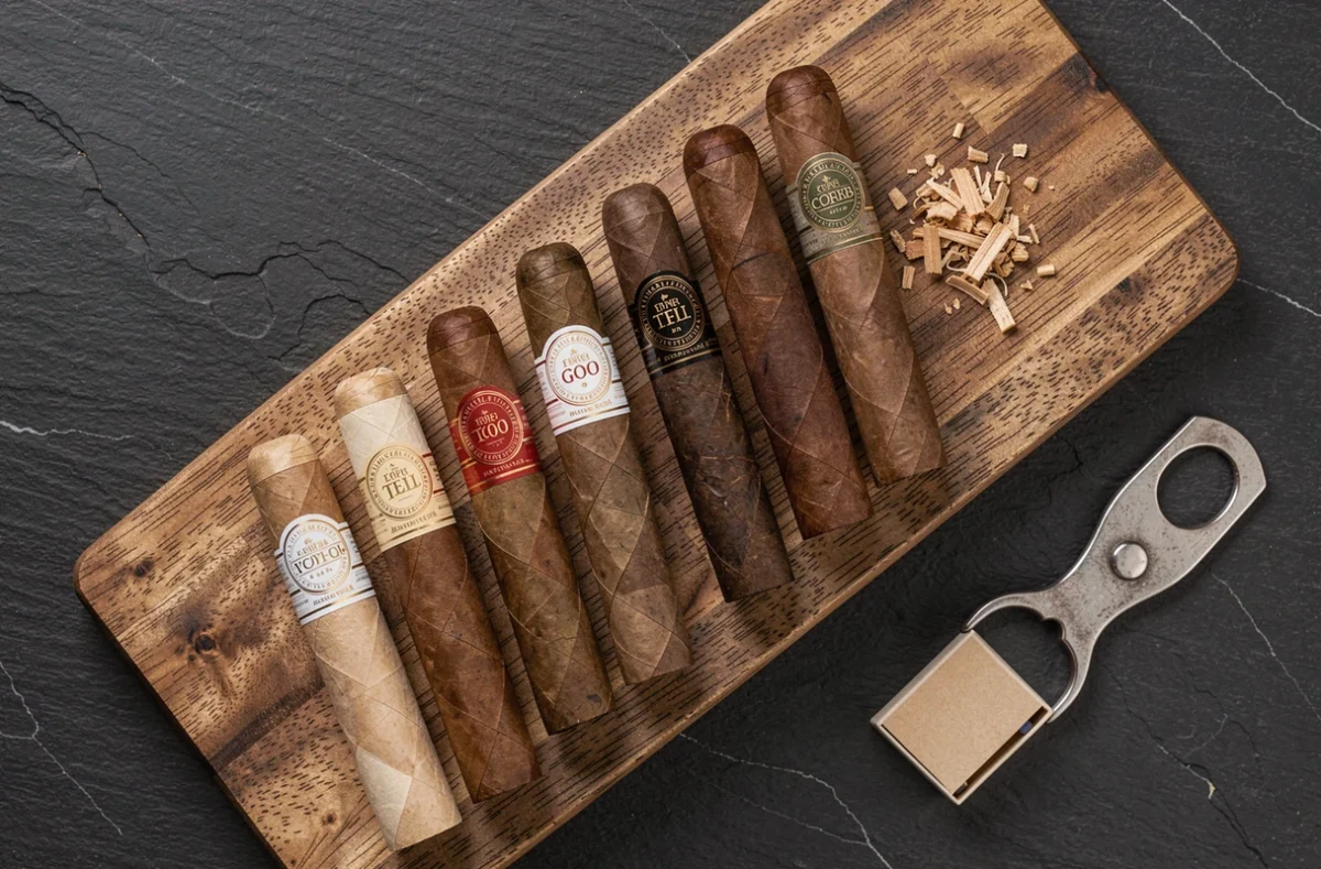 Sélection de cigares premium de différentes tailles et robes disposés en flat-lay sur planche de cèdre pour guide de choix