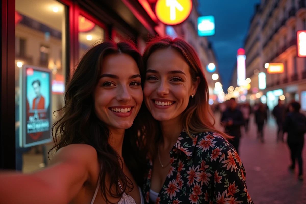 Deux amis prennent un selfie devant un club techno parisien