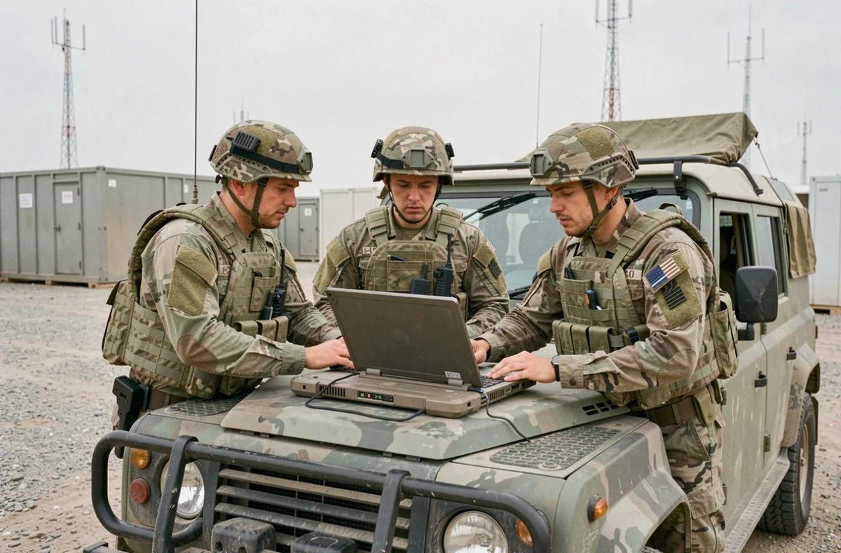 Soldats français en tenue de terrain consultant un ordinateur militaire lors d'une opération extérieure