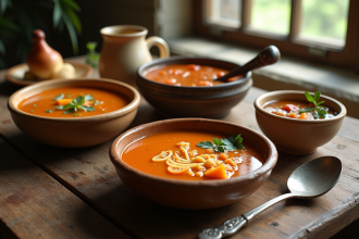 Sélection de soupes traditionnelles dans des bols uniques