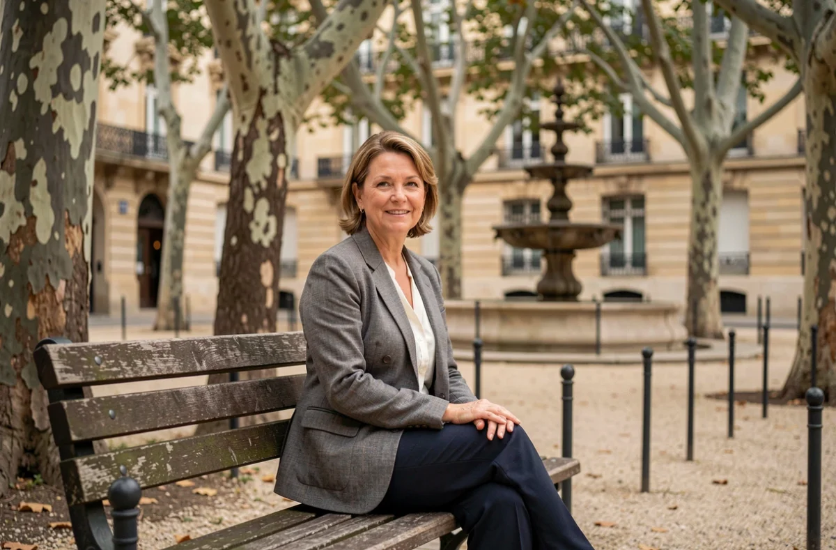 Femme assise sur un banc dans un square parisien avec fontaine Wallace et arbres au feuillage dense