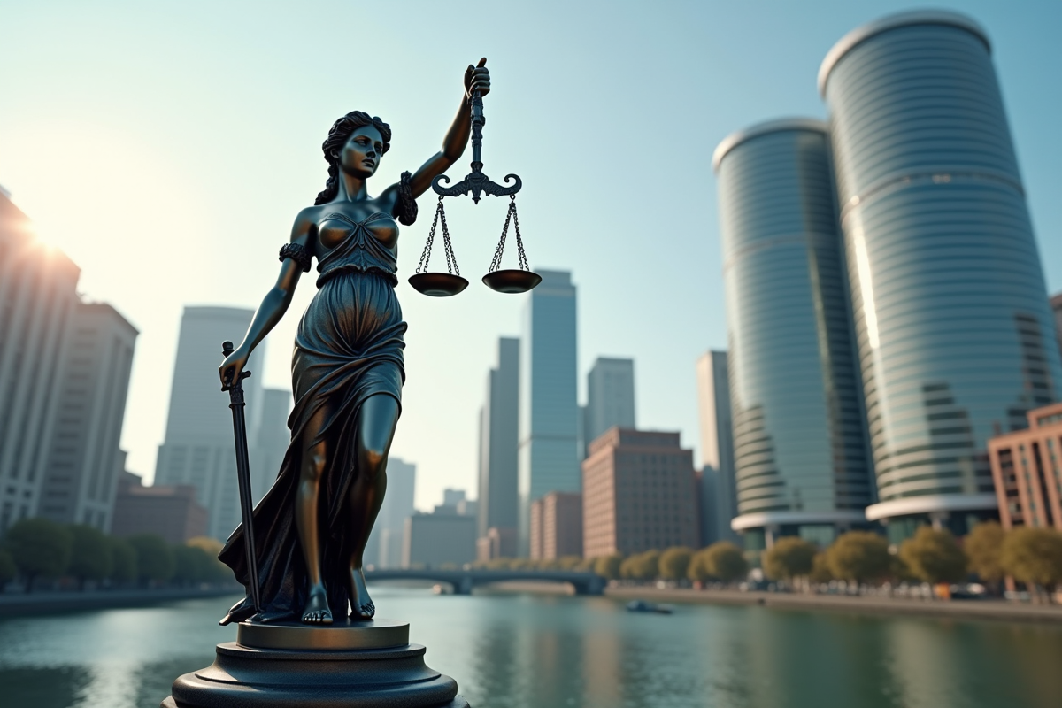 Statue de Justice dans une ville moderne avec architecture contrastée