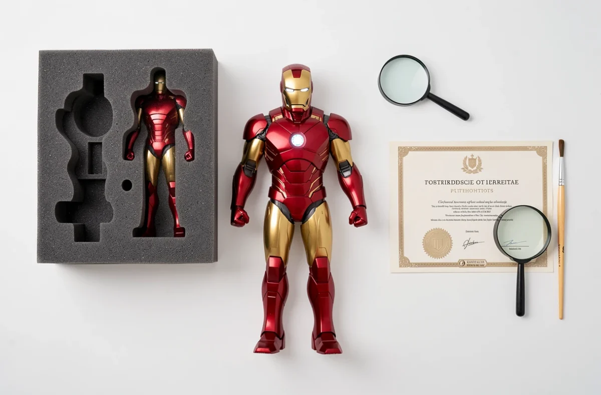 Vue à plat d'une statue Iron Man édition limitée avec certificat d'authenticité, emballage d'origine et accessoires d'inspection pour collectionneur