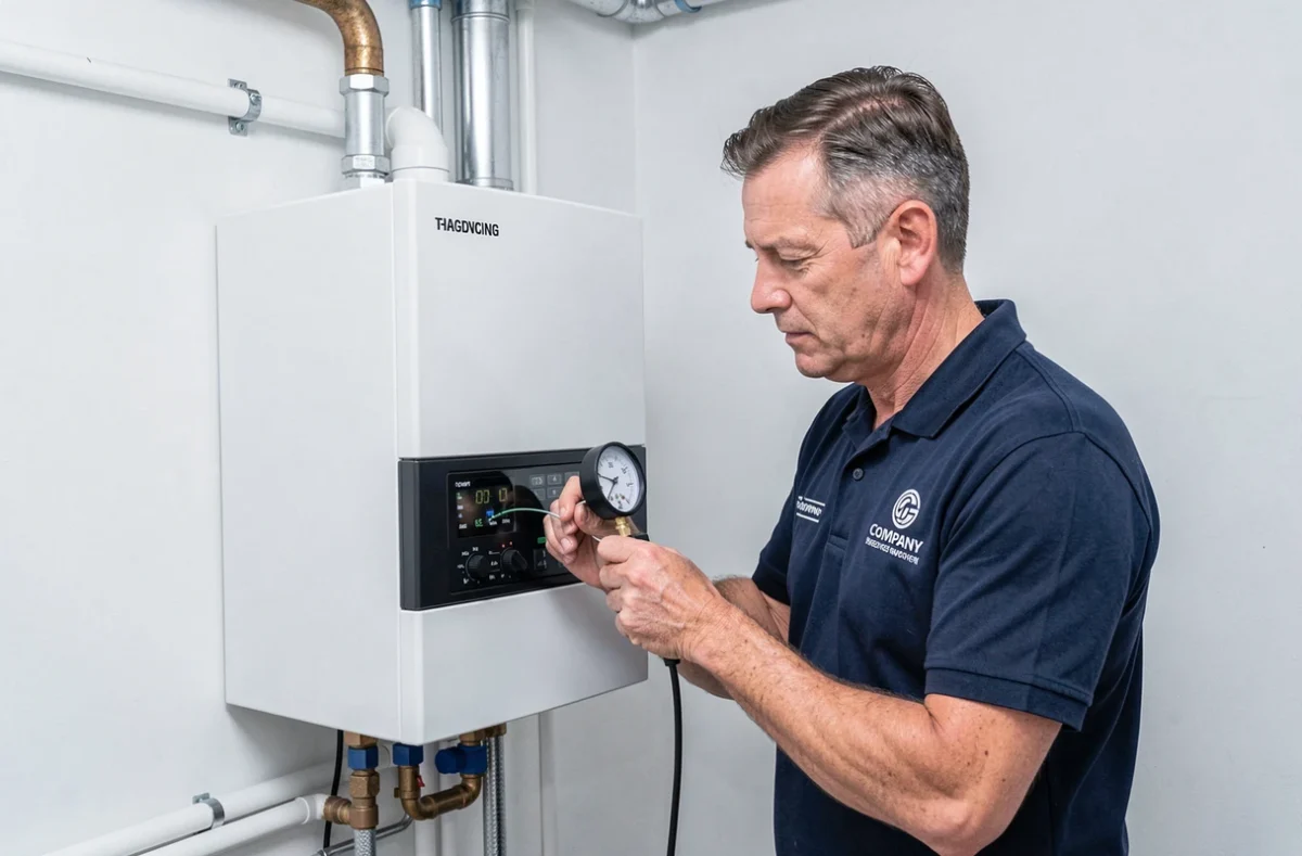 Technicien Stevenin-Niobey réglant une chaudière à condensation dans une chaufferie moderne de la Manche