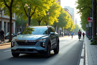 SUV hybride moderne stationne en ville avec arbres et lampadaires solaires