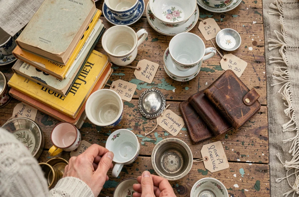 Vue plongeante sur une table d'objets anciens avec étiquettes de prix manuscrites aux puces de la Porte de Vanves