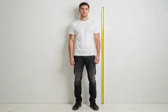 Jeune homme mesurant sa taille en centimètres avec un mètre ruban dans un studio blanc épuré