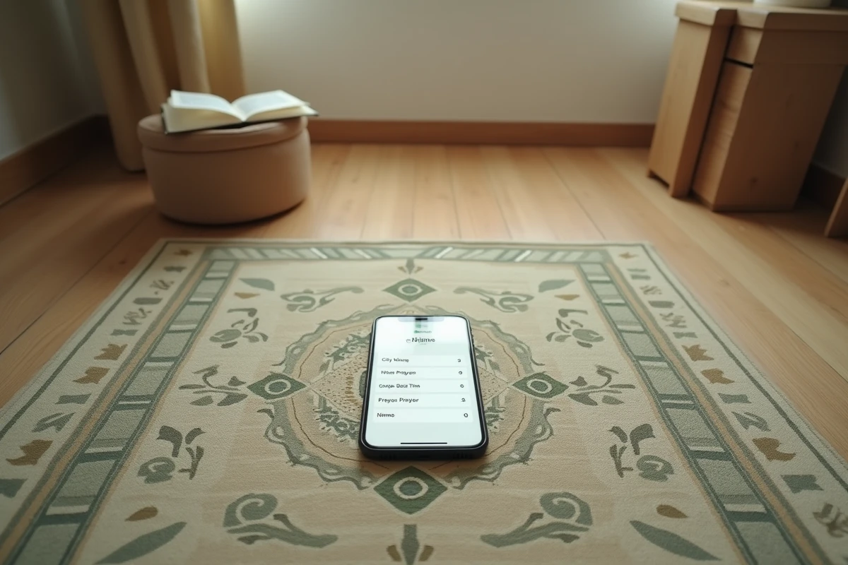 Smartphone affichant les horaires de prière de Nîmes posé sur un tapis de prière avec design islamique traditionnel