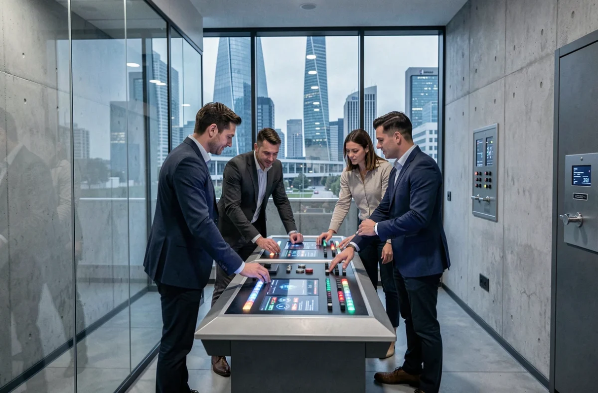Groupe de collègues jouant dans la salle d'escape game Team Break La Défense avec décor urbain