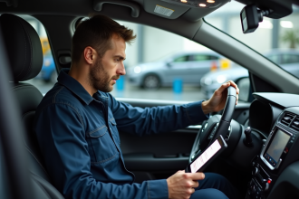 Technicien auto en overalls dans un garage moderne