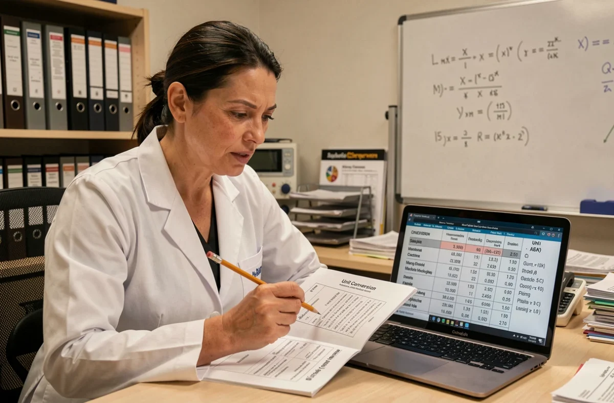 Technicienne identifiant une erreur d'unité sur une fiche de données de calculateur de champ magnétique