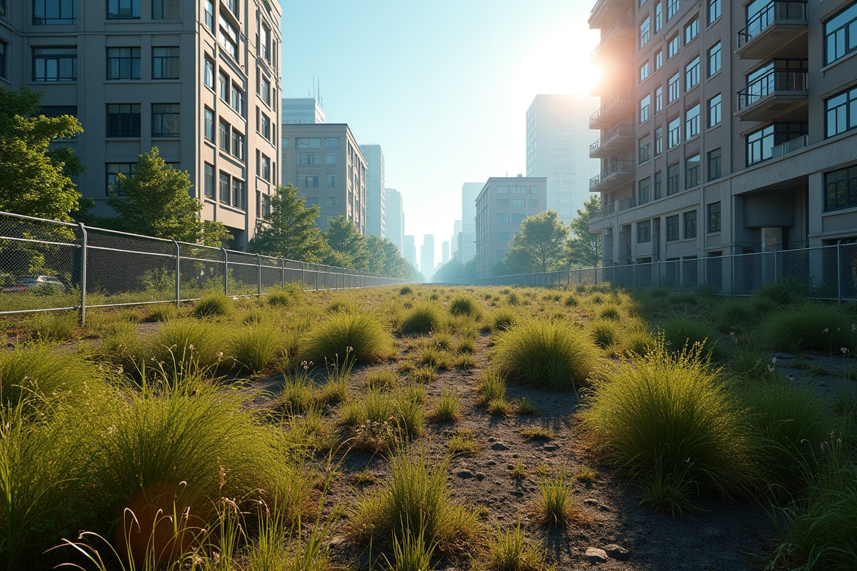 Terrain urbain abandonné avec herbes hautes et immeubles modernes