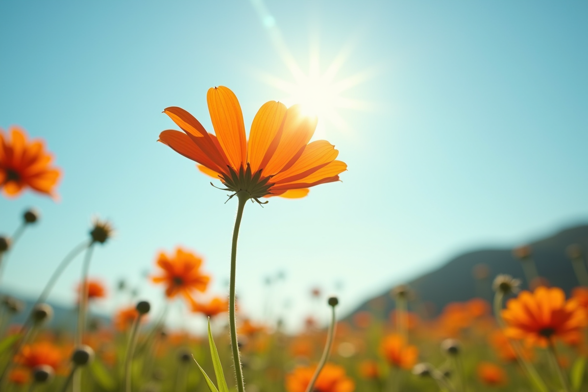 Une tithonia haute dans une prairie en plein soleil