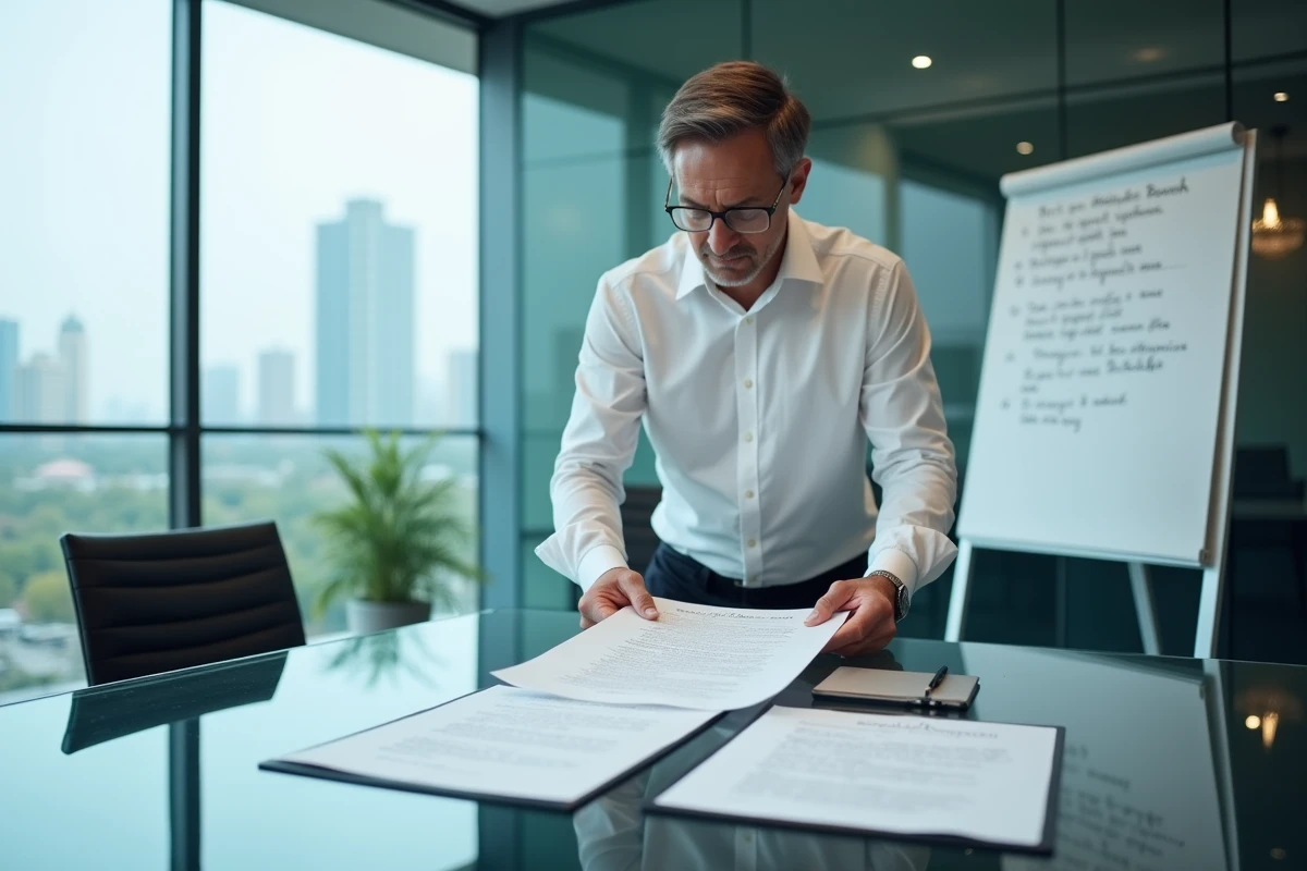 Traducteur juridique debout dans une salle de réunion moderne d'un cabinet d'avocats, annotant un contrat bilingue avec des termes juridiques allemands et français